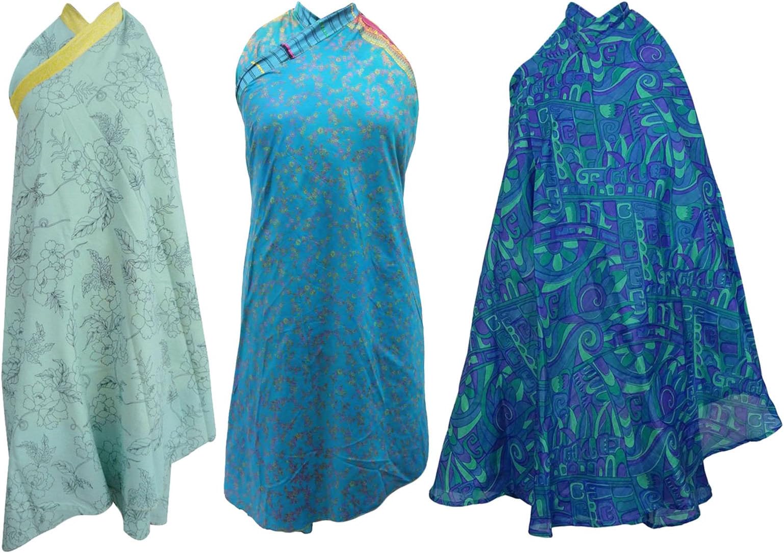 3 x Pure Silk Assorted Single Layer Wrap Around Hippie Magic Skirt Shade of Blue