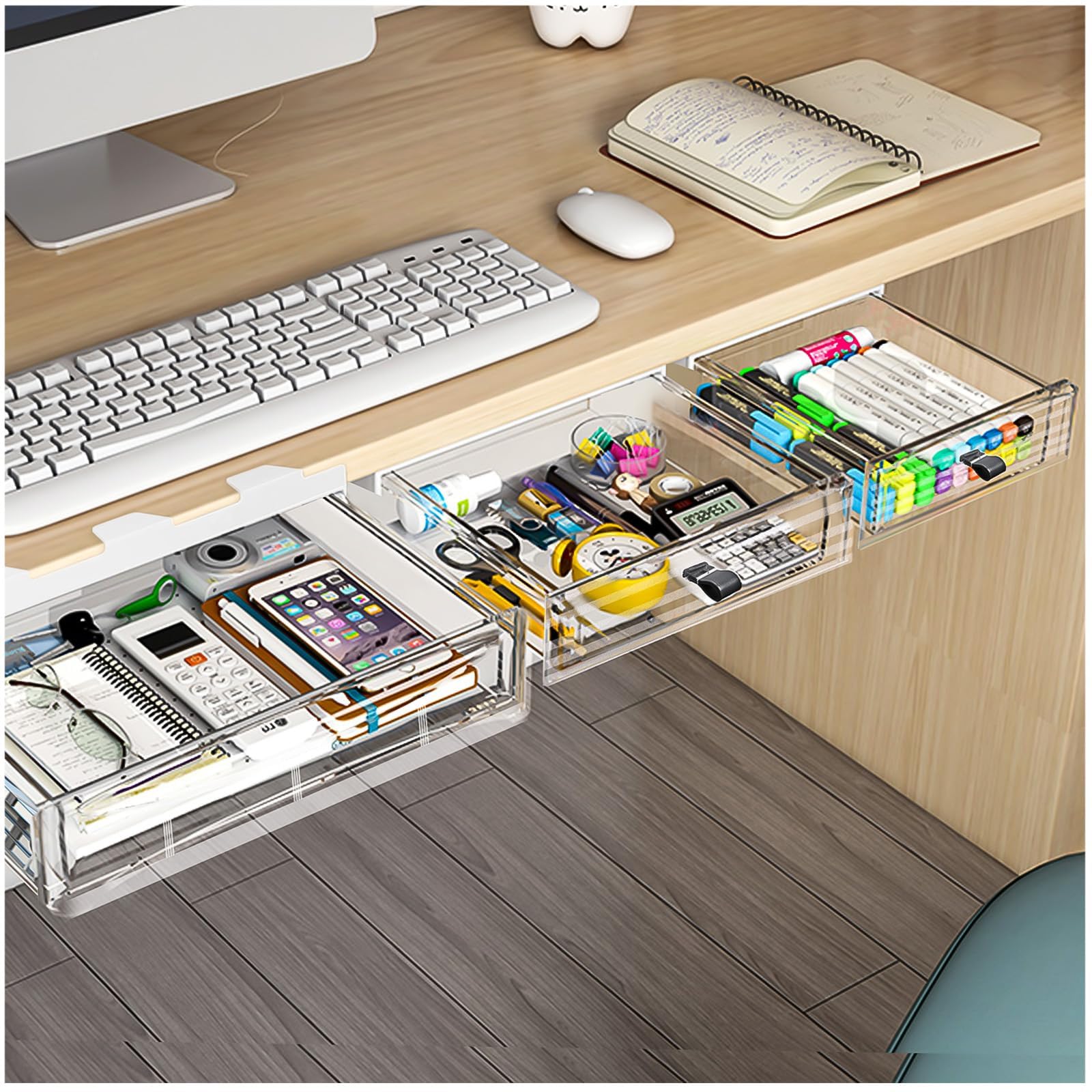 Photo 1 of 3 Pack Under Desk Drawer Organizer, Slide Out Desk Drawer, Clear Plastic Drawer Under for Office, School, Home, Hidden Desktop Organizer Pen Holder for Self-Adhesive (Clear, 3 Size)