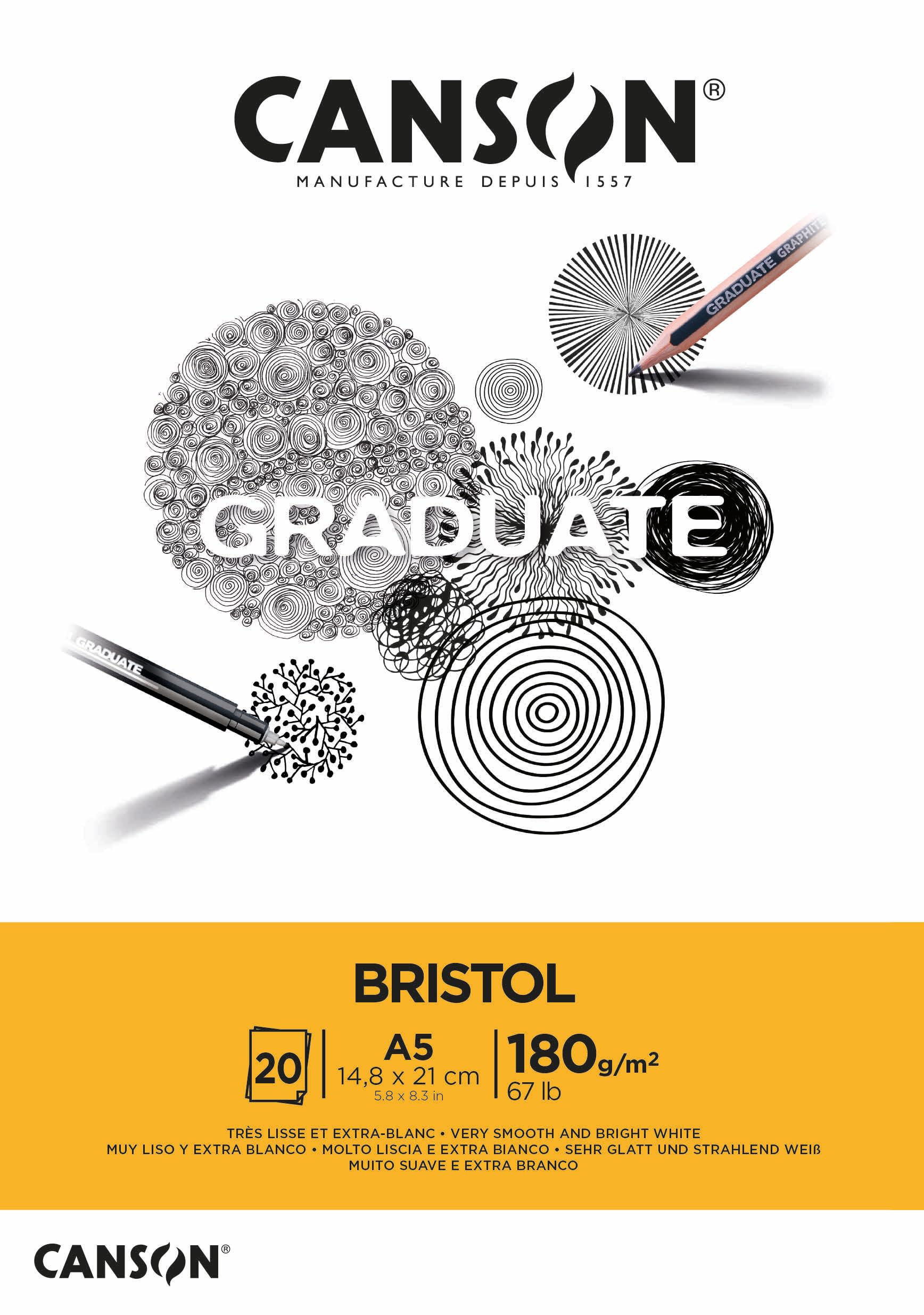 CANSON Graduate Bristol 180gsm A5 Paper, Very Smooth, Pad Glued Short Side, 20 Bright White Sheets, For Student Artists
