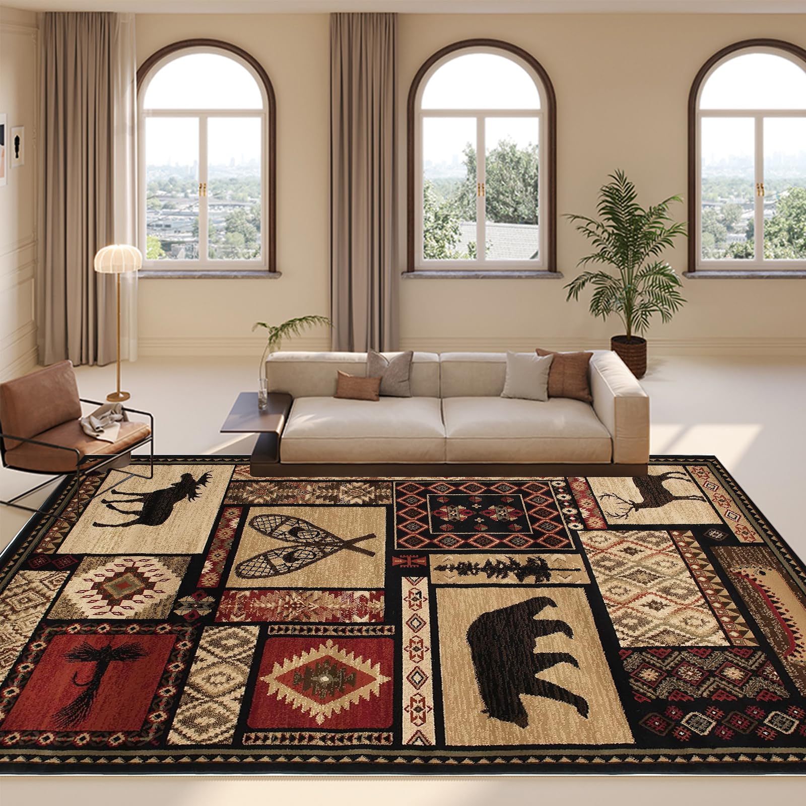 Photo 1 of Black Bear Deer Wildlife Area Rugs 5'x8' for Living Room Rustic Animals Print Cabin Rugs Lodge Floor Carpets Mats Home Office Decor
