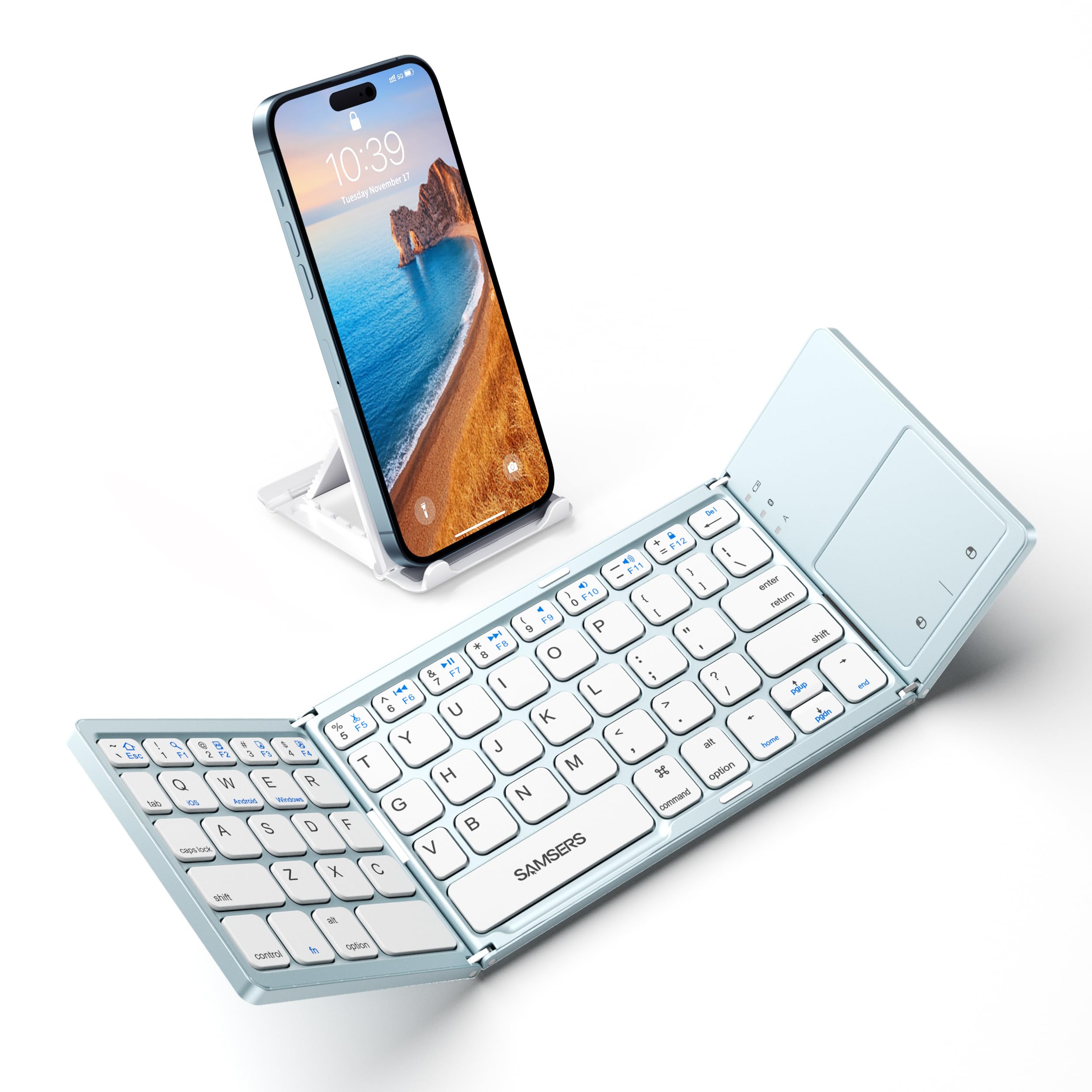 Photo 1 of Samsers Foldable Bluetooth Keyboard with Touchpad - Portable Wireless Keyboard with Holder, Rechargeable Full Size Ultra Slim Pocket Folding Keyboards for Android Windows iOS Tablet & Laptop - Blue