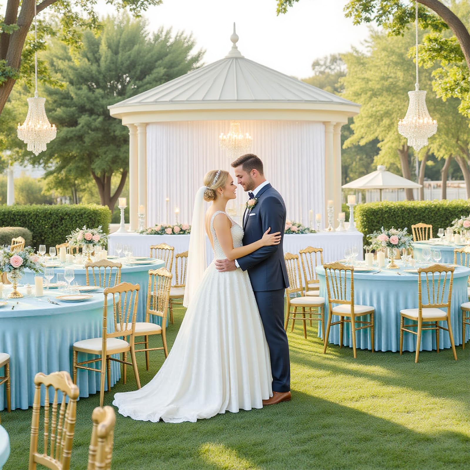 4 Pack 120 Inch Sky Blue Cloth Tablecloth for 5 FT Round Tables, Stretchy Fitted Circle Picnic Tables Cloths, Spandex Table Cover with Table Skirt for Wedding Photography Party Events Kids’ Birthday