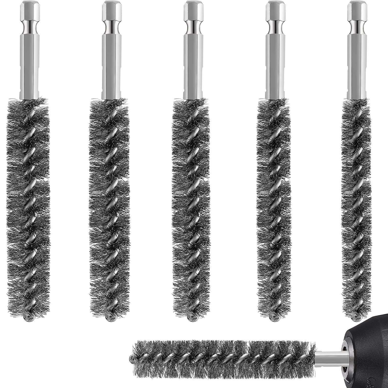 Photo 1 of Stainless Steel Bore Brush Stainless Steel Bristles Wire Brush for Power Drill with Hex Shank Handle (0.8 cm, 1 cm, 1.2 cm, 1.5 cm, 1.7 cm, 1.9 cm, 6 Pcs)