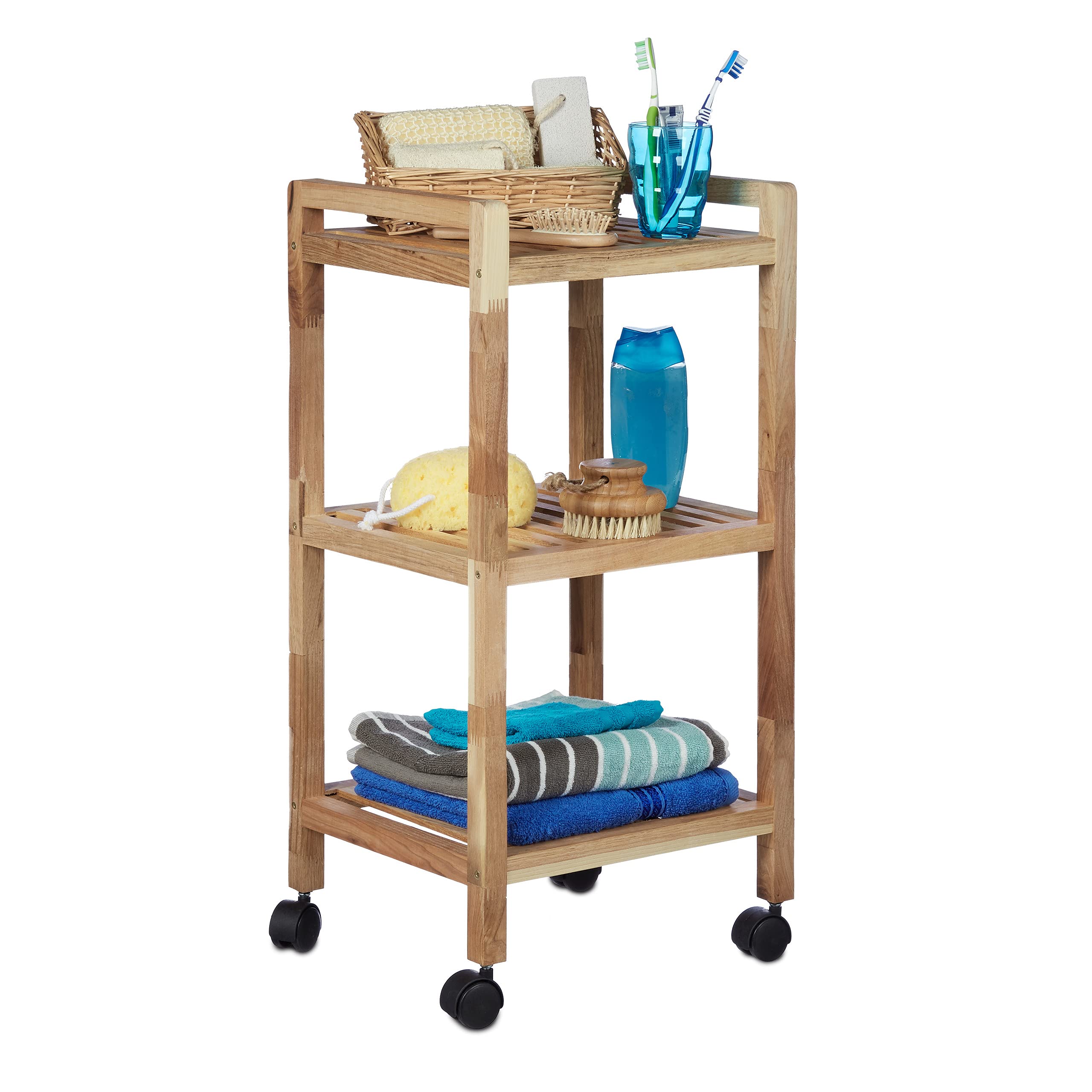 Relaxdays Bathroom Shelving with Wheels, Wooden, HxWxD: 71.5 x 35 x 31 cm, Handles, Rotating, 3 Shelves, Kitchen Rack, Natural