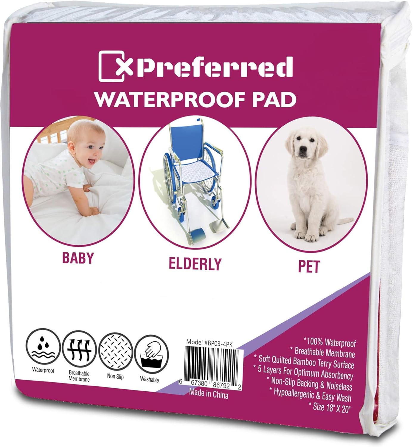 4 Pack Waterproof Bed Pads - Mattress and Chair Protective Covers - Non Slip, Washable, Breathable, Hypoallergenic, Terry Cloth - Baby, Bed Wetting, Elderly, Dogs - 18x20 in. - by X-Preferred: Health & Personal Care