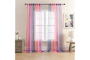 XiDi Pink Green and Purple Sheer Curtains for Girls' Bedroom Decor,Rod Pocket Faux Linen Semi Voile Drapes,Ombre Window Pastel Curtains for Kids' Living Room,96 Inch Long 2 Panels