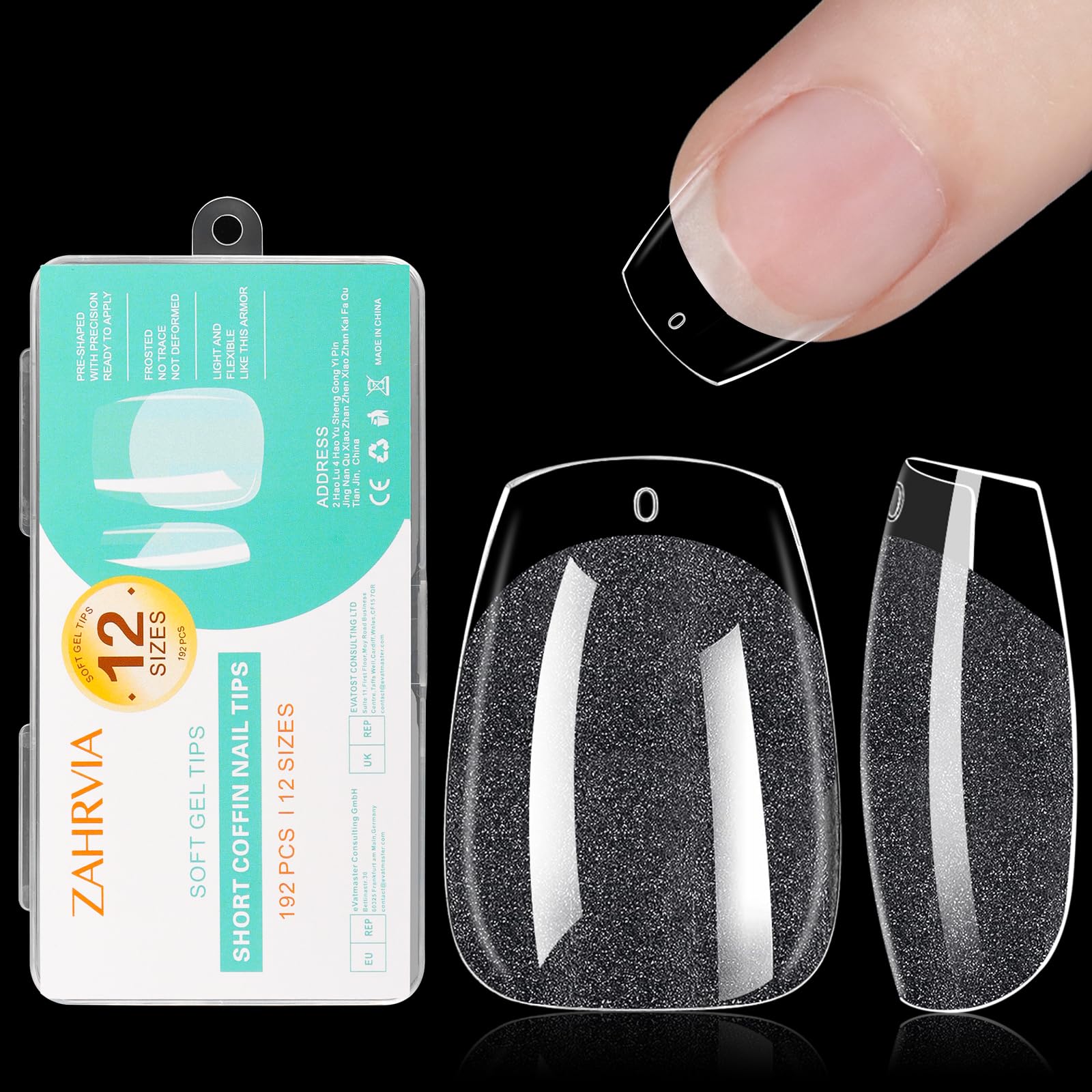 Short Coffin Nail Tips -ZAHRVIA Soft Gel Full Cover Nail Tips for Soak Off Extensions kit - 192PCS False Nails 12 Sizes (Short Coffin) — image 1