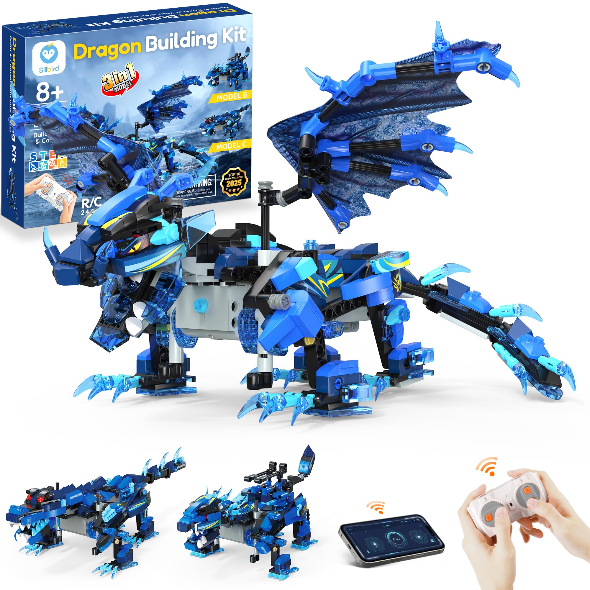 Sillbird Roboter Programmierbar 3 in 1 Blauer Drache Roboter Bauen Kinder ab 8 Jahre, Ferngesteuert & APP-Steuerung Mint Spielzeug ab 8 9 10 11 12 Jahren Jungen (592 Stück)