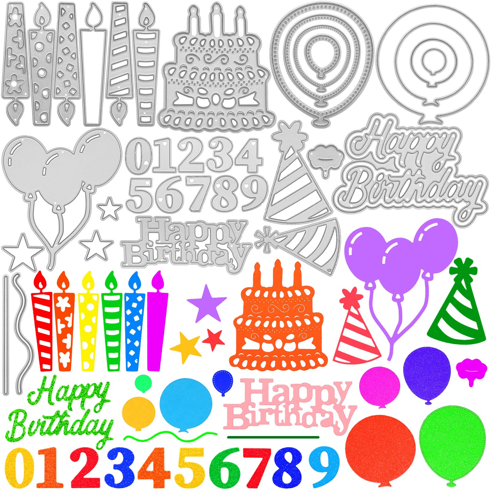 Photo 1 of 30 Pieces Dies Cut, Metal Happy Birthday Cake Cutting Dies Happy Birthday Balloons Cake Stencils for Party Card Making Balloons Party Invitation Card Album Scrapbooks Crafts