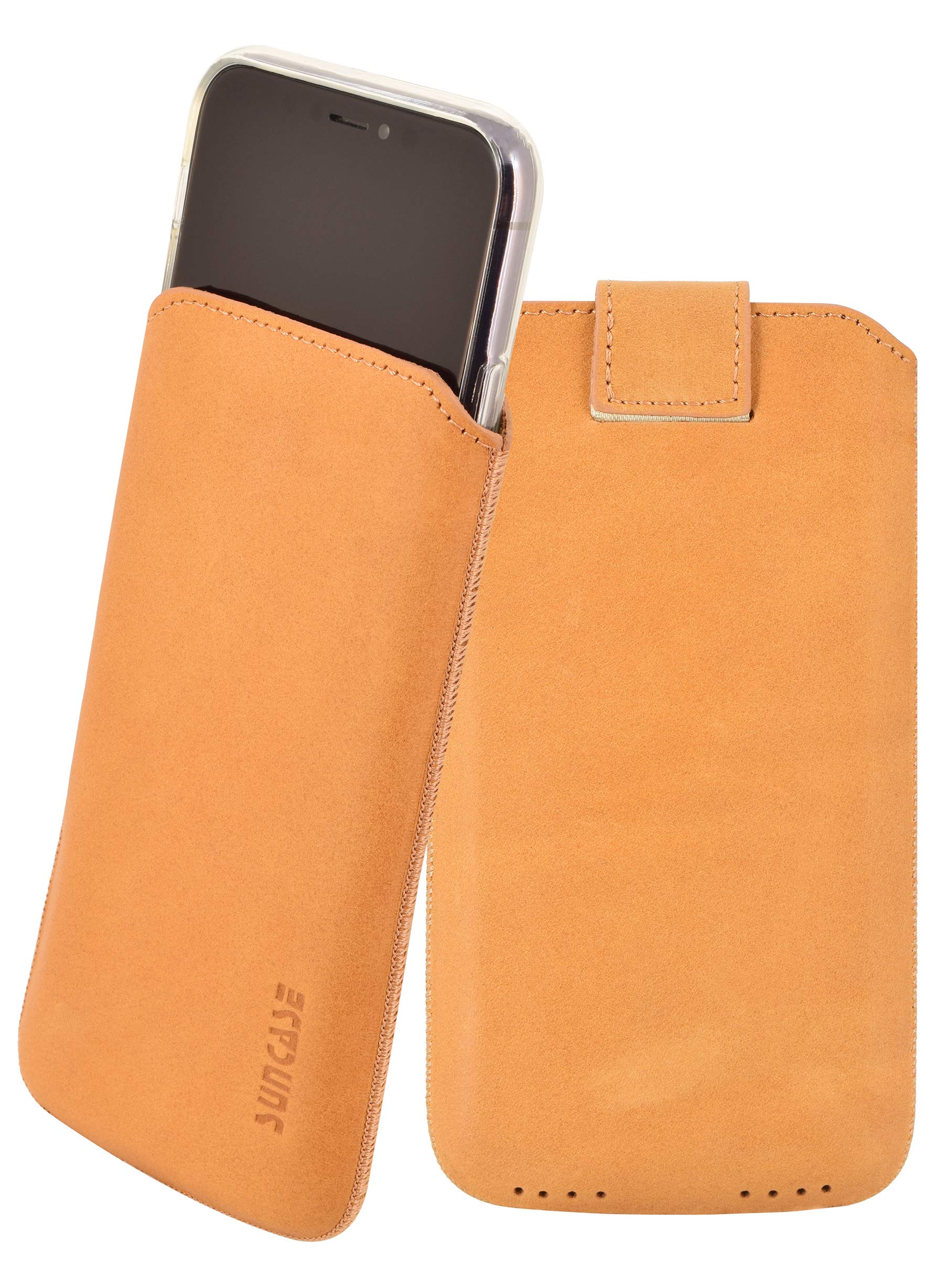 Suncase Mobile Phone Case Compatible with iPhone 11 Pro (5.8 Inches) with Additional Case / Shell / Bumper / Silicone *Pull Up Tab Feature * Mobile Phone Leather Protective Case in Antique Camel
