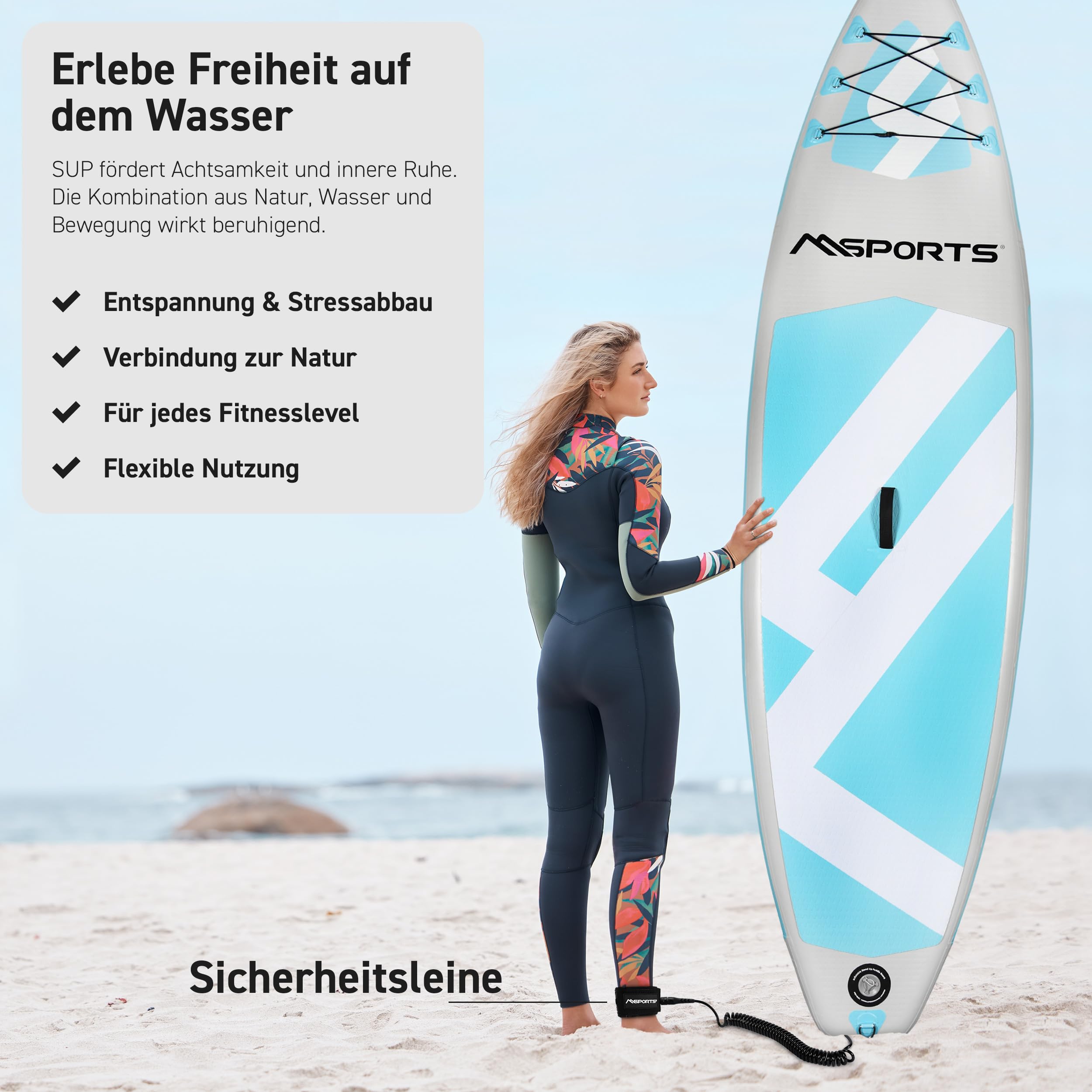 MSPORTS SUP - Stand Up Paddling Board - Aufblasbar Komplettes Paddleboard Zubehör Verstellbares Paddel, hochwertige Pumpe + 2X Paddelstock + wasserdichte Smartphone Tasche + Multifunktionstasche 6