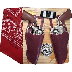 Red Bandana, Cowboy Gun Toy Play Set, Black and Chrome Finish Badge Western Theme Outfit Costume Accessories, for Youth Hallo