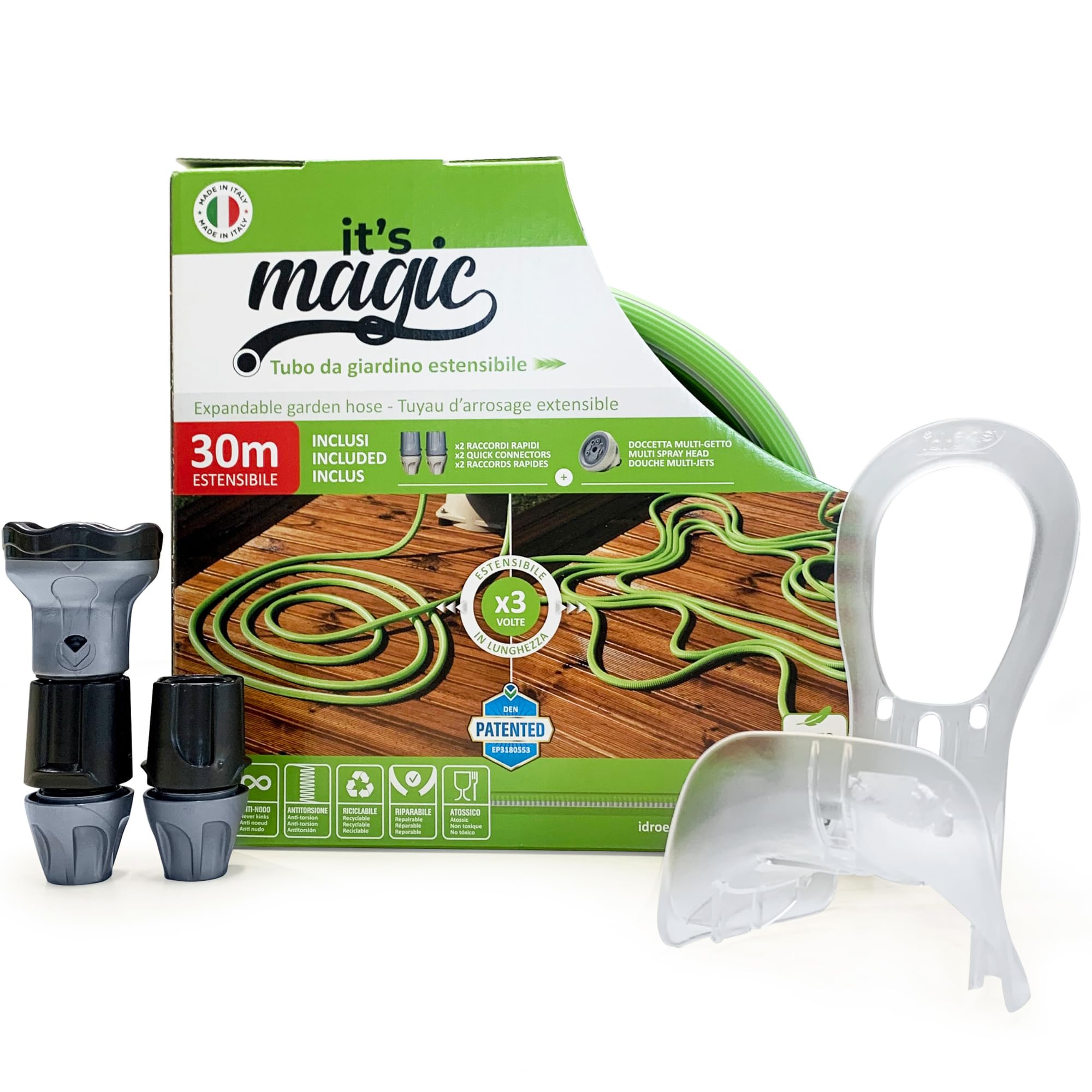 Idroeasy, 30 Meter Expandable Garden Hose with 6-Function Shower Head and Fittings, 5/8" Anti-Twist and Anti-Knot Garden Water Hose, Expandable up to 3 Times Its Initial Length, Made in Italy