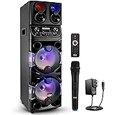 Pyle Portable Bluetooth PA Speaker - 600W Dual 10” Rechargeable Indoor/Outdoor BT Karaoke Audio System -LED Display, FM/AUX/MP3/USB/SD, 1/4" in, Handle, Wheels -Wireless Mic, Remote Control