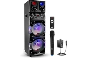 Pyle Portable Bluetooth PA Speaker - 600W Dual 10” Rechargeable Indoor/Outdoor BT Karaoke Audio System -LED Display, FM/AUX/MP3/USB/SD, 1/4" in, Handle, Wheels -Wireless Mic, Remote Control