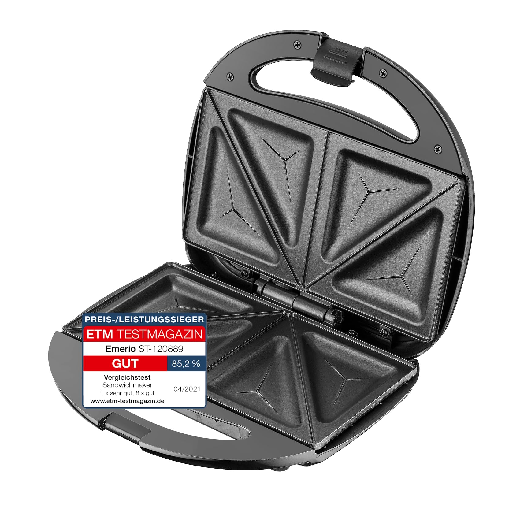 Emerio Doppel Sandwich Maker, BPA frei, klassische Form für dreieckiges Sandwich, leicht zu reinigen, Antihaftbeschichtung, heizt schnell auf, 750 Watt, Schwarz