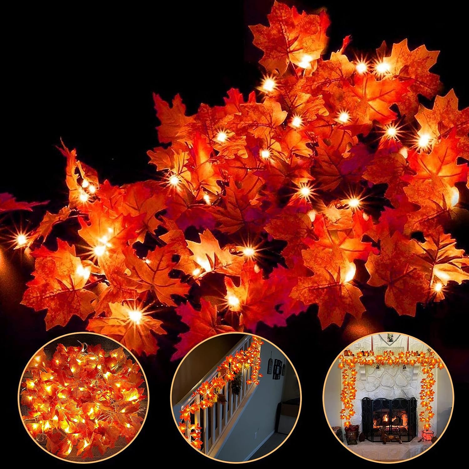 Wreaths, Garlands & Swags - 4 Pack Fall Decorations Leaf Garland String Lights for Indoor Outdoor Total 40Ft 80LED Maple Leaf Light Battery Operate Autumn Thanksgiving Decor Home Halloween Lighted Fall Garland
