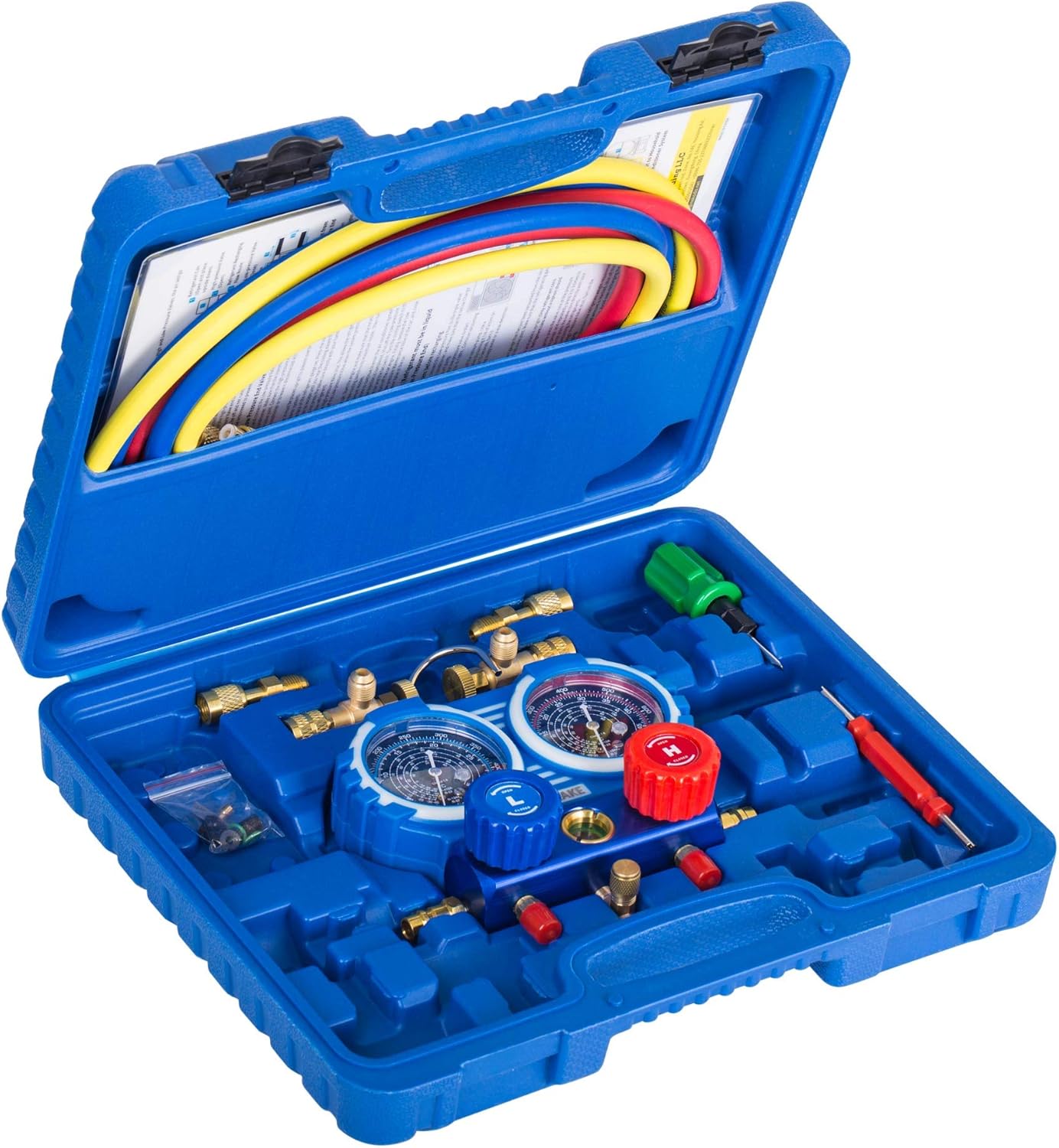 INCLAKE Manifold Gauge Set for Freon Charging, Home A/C, HVAC Diagnostic Tool Kit for R410A, R22, R32, with 5 ft Hoses, Adjustable Joint (from 1/2" Male to 1/4" Female Including), Not for Car Use: Automotive