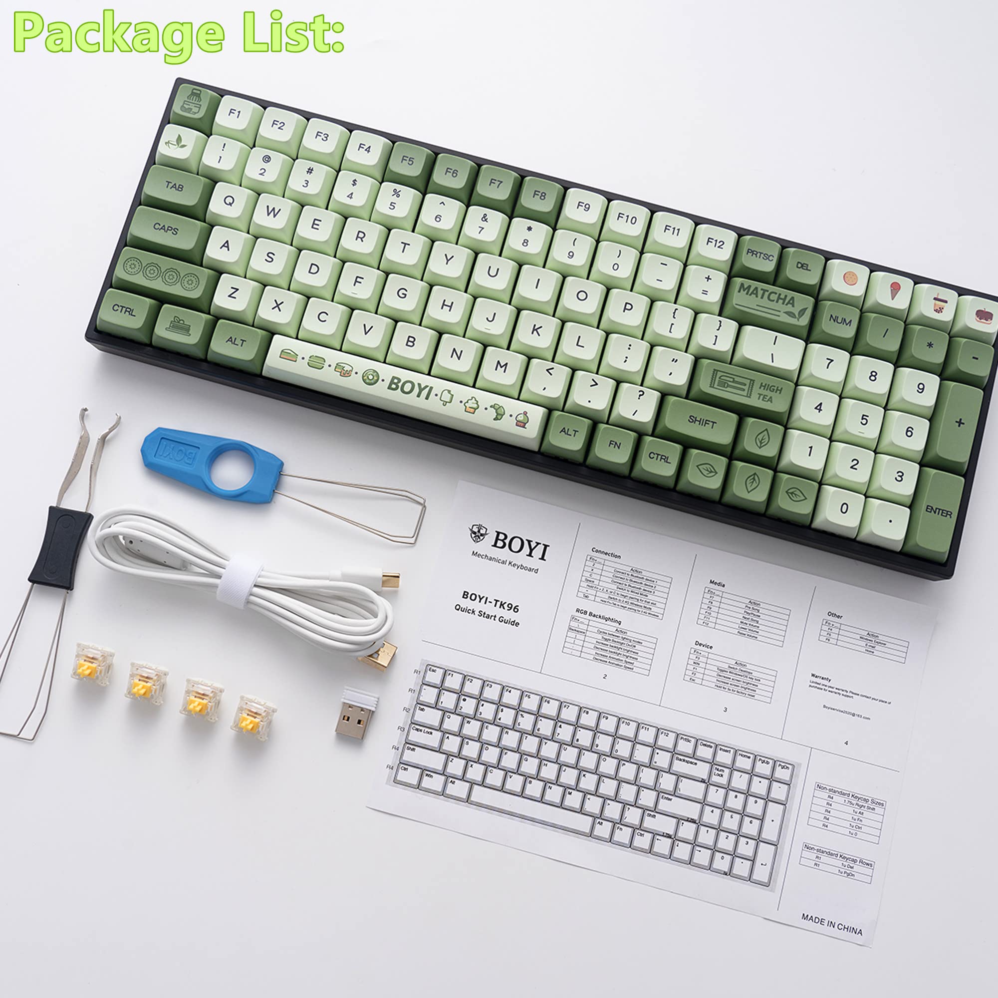 BOYI TK96 RGB Mechanical Keyboard,Wireless BT5.0/2.4Ghz/Type-c Wired Hot Swap Gateron Yellow Switch,100 Keys N-Key Rollover Matcha Green XDA PBT Keycaps for Working&Gaming
