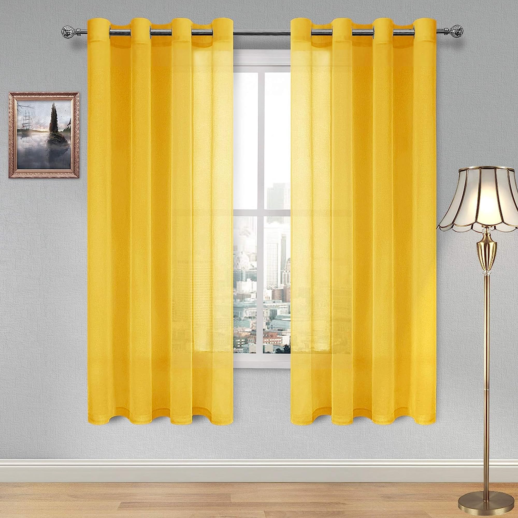 DWCN Semi Sheer Curtains, Grommet Top Window Curtains for Bedroom Living Room, Faux Linen Look Voile Transparent Solid Sheer Curtains Set of 2 Panels 52 x 63 Inches Long, Yellow