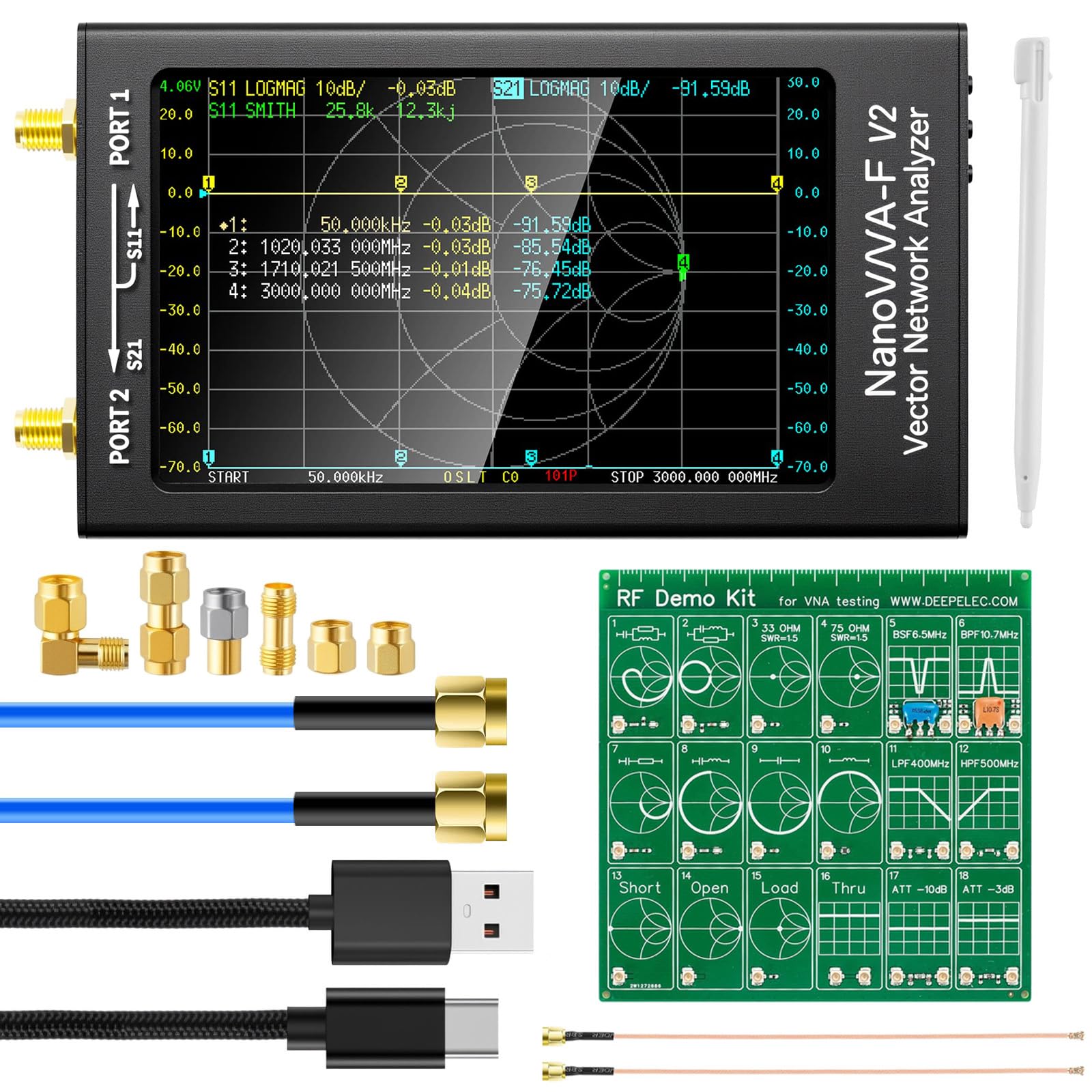 Photo 1 of AURSINC Upgraded NanoVNA-F V2 Vector Network Analyzer 50kHz-3GHz with RF Demo Tester Board, 4.3inch with 5000mAh, Measuring S-Parameters VoltagSWR, Phase, Delay, Smith Chart, RTC Realtime