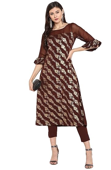 Women's Brown Poly Crepe A-Line Kurta With Pant