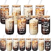 Skylety 16 Sets Christian Glass Cups with Lids and Straws Brushes 16 oz Iced Coffee Cups Inspirational Water Bottle Christian Tumbler Drinking for Women Men Coworkers