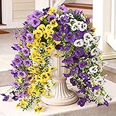 Fake Artificial Flowers for Outdoors, 4 Pcs Faux Hanging Pansy Flowers Spring Summer Decor, UV Resistant Fake Plants Silk Flower for Planter Front Door Porch Patio Yard Garden(Purple Yellow White)