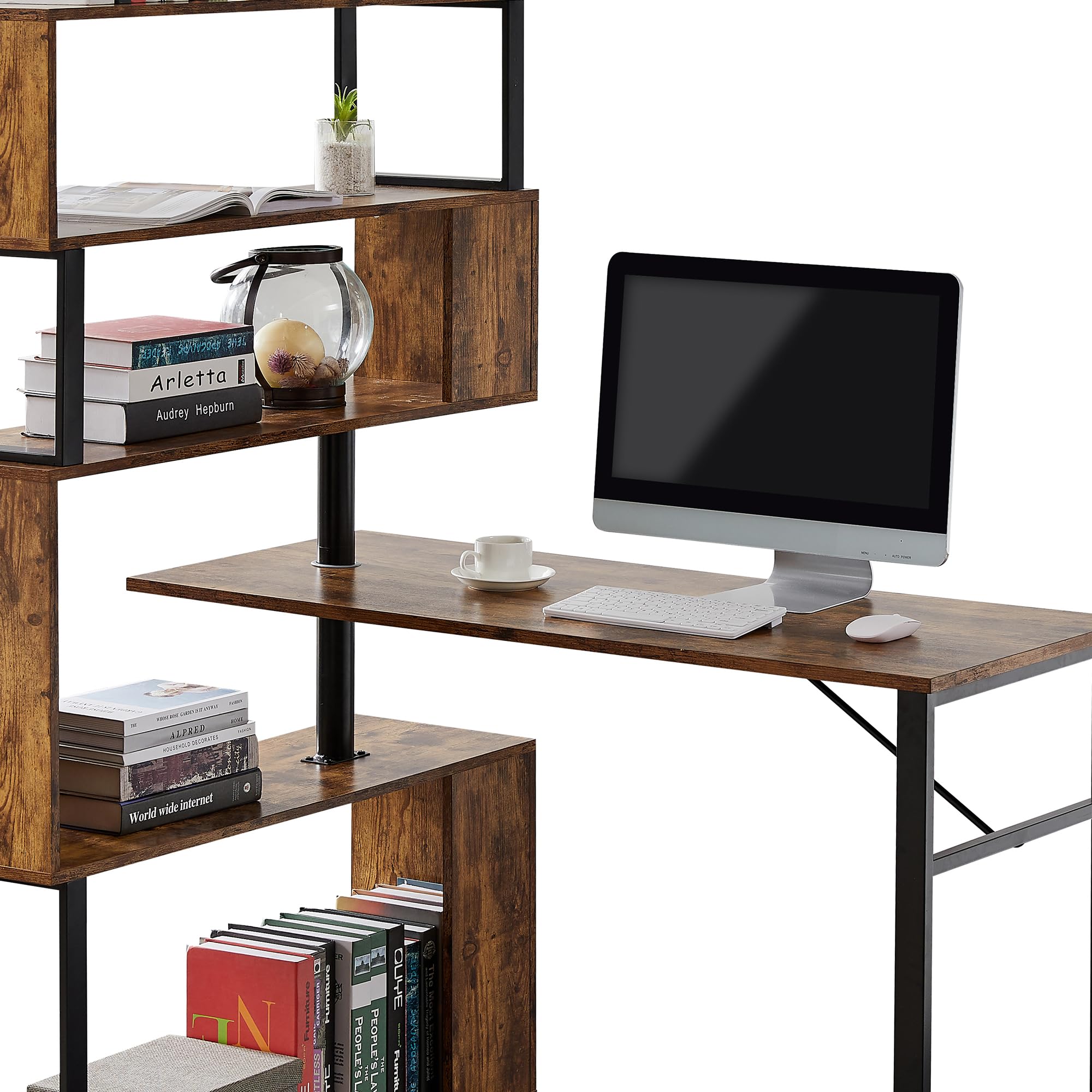 Photo 1 of LKJYBG L-Shaped Computer Desk with 5-Tier Bookshelf Lockable Casters Space-Saving Easy Assembly Home Office Writing Desk Brown One Size
