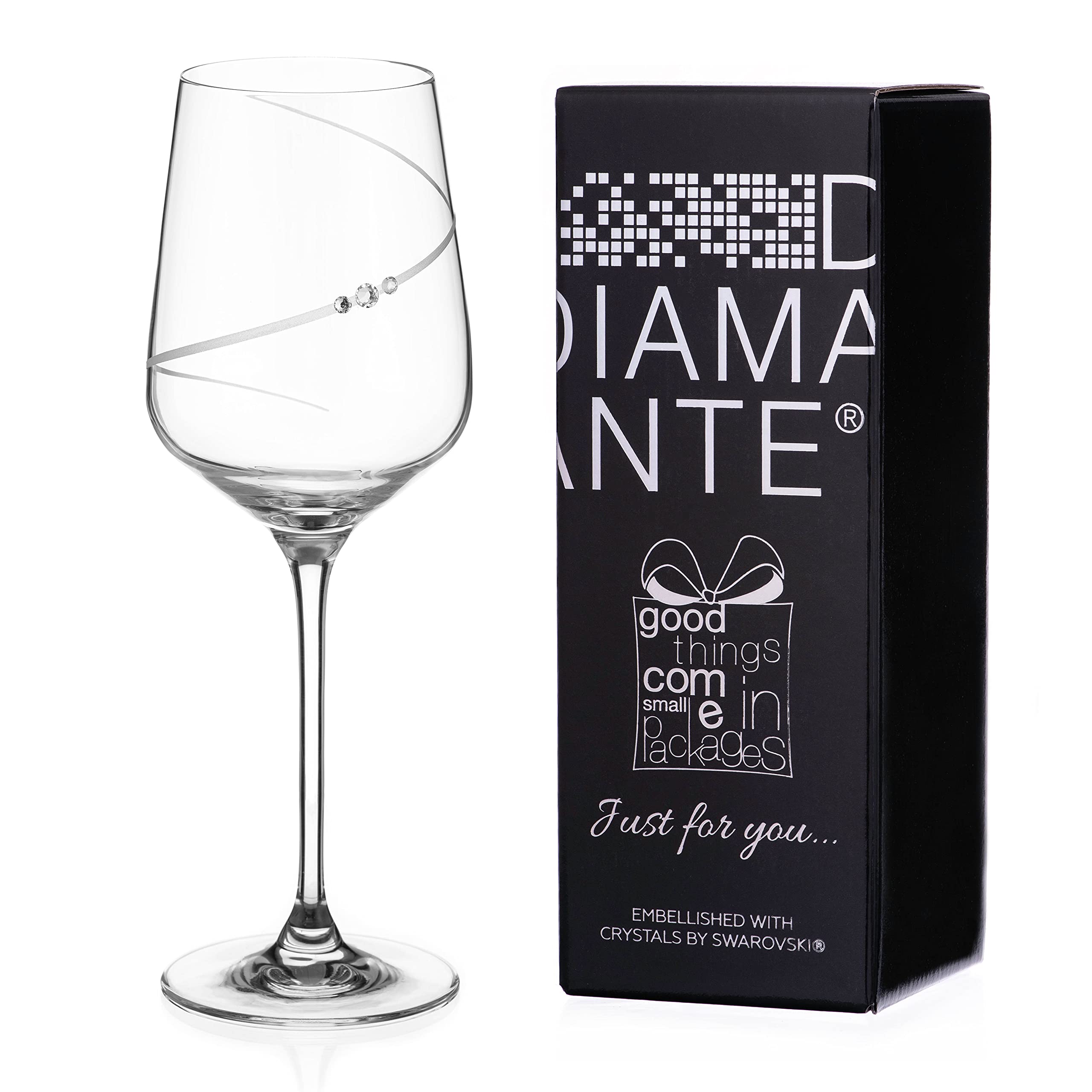 DIAMANTE Wine Glass - 'Just for You' Hand Cut Design Embellished with Crystals - Single Gift Glass