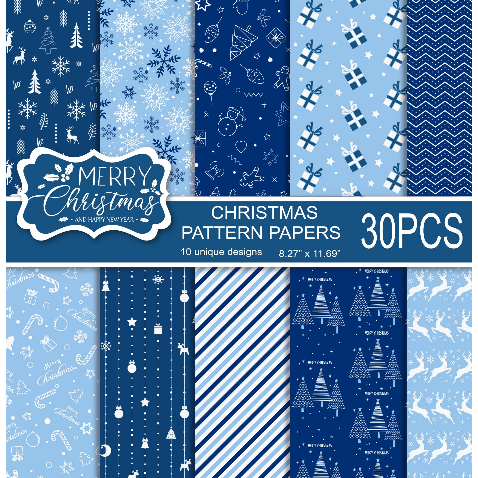 MIAHART 30 Sheets Merry Christmas Pattern Paper Set A4 Size 10 Designs Festival Decorative Craft Paper Double-Sided for Card Making Scrapbook, Blue and White