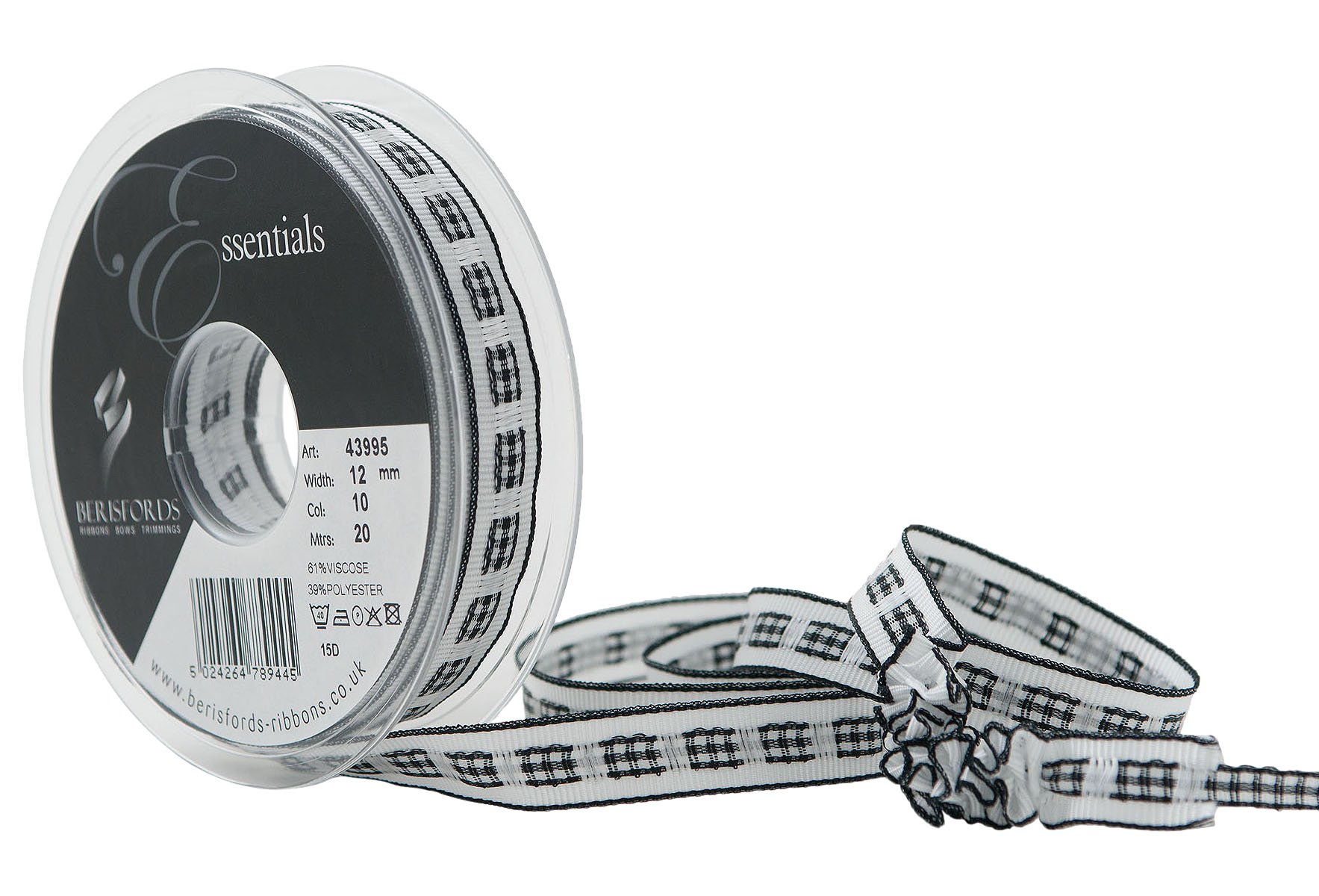 Berisfords Gingham Ruffle Ribbon, Black, 12 mm