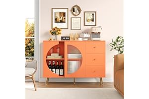 FACBOTALL Coffee Bar Cabinet with Fluted Glass Door, Modern Cream Style Buffet Sideboard with Wine Glass Rack, Chest of Drawer Buffet Cabinet with Storage for Living Room, Orange