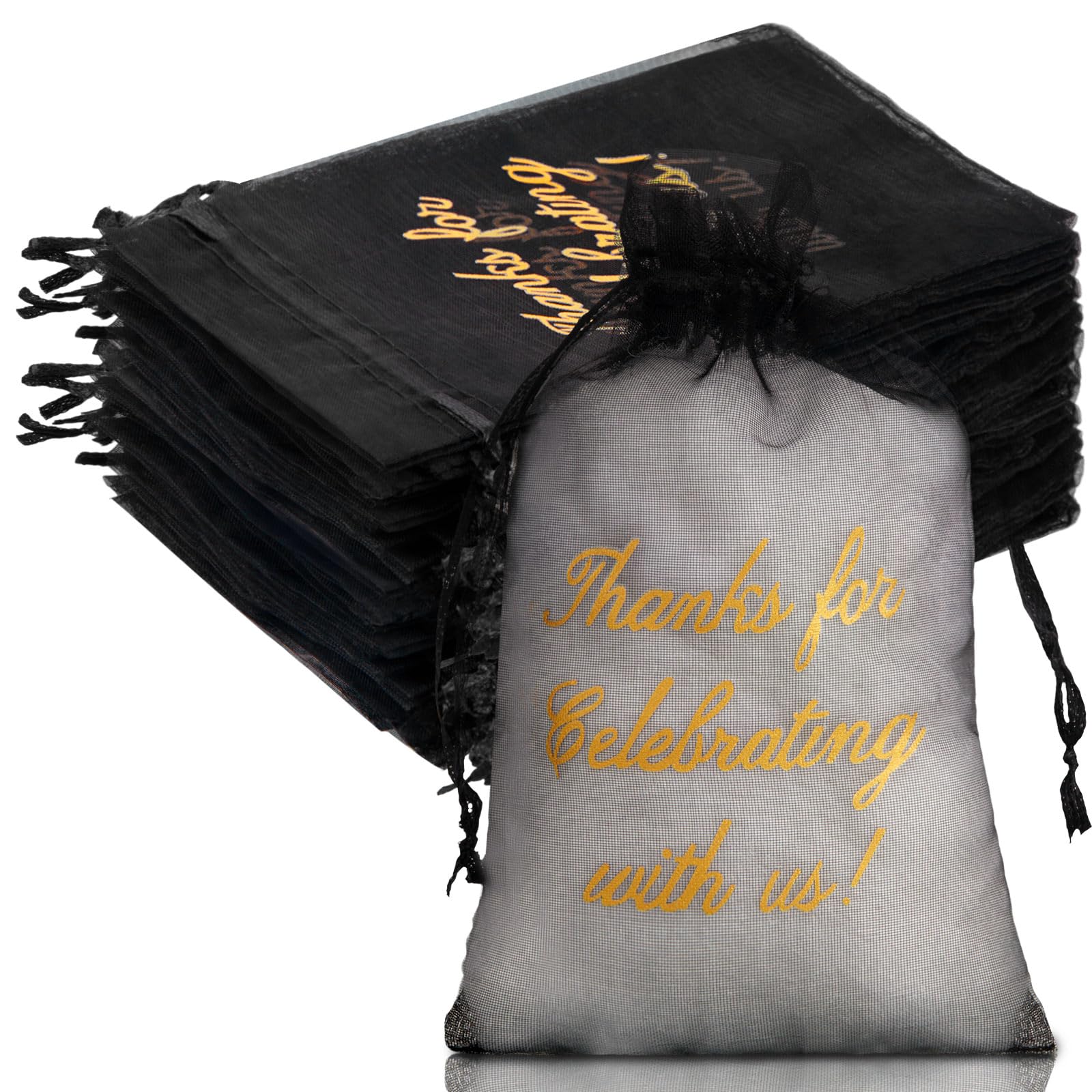 Photo 1 of 100 Pcs Wedding Favor Bags Mesh Thank You Gift Bags with Drawstring Sheer Mesh Organza Wedding Thank You Gifts Bag for Guests Goodie Jewelry Candy for Bridal Shower, Anniversary(4 x 6 Inch,Black)