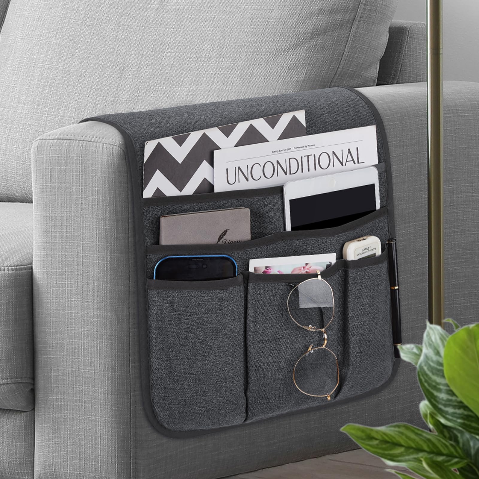 Photo 1 of Remote Control Holder Armchair Caddy for Recliner Couch, Non-Slip Armrest Organizer with 5 Pockets for Magazine, Tablet, Phone, iPad (Dark Grey)