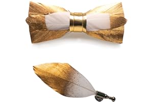 RBOCOTT Handmade Feather Pre-tied Bow tie and Brooch Sets for Men