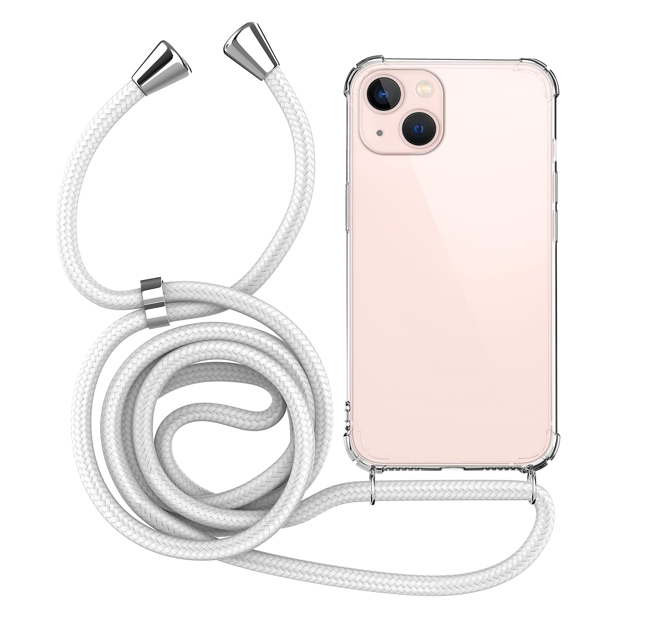 MyGadget Strap Case for Apple iPhone 14 - Crossbody Phone Cover - TPU Silicone Case with Neck Holder - Cord Lanyard Carrier with Rope in White