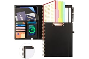 Ospelelf Clipboard with Storage for Men Women, Leather Padfolio Portfolio Organizer 5 Folders with 10 Pockets, Spiral Clipboard Folio with Notepad for Letter Size, Elastic Closure and Pen Loop Black