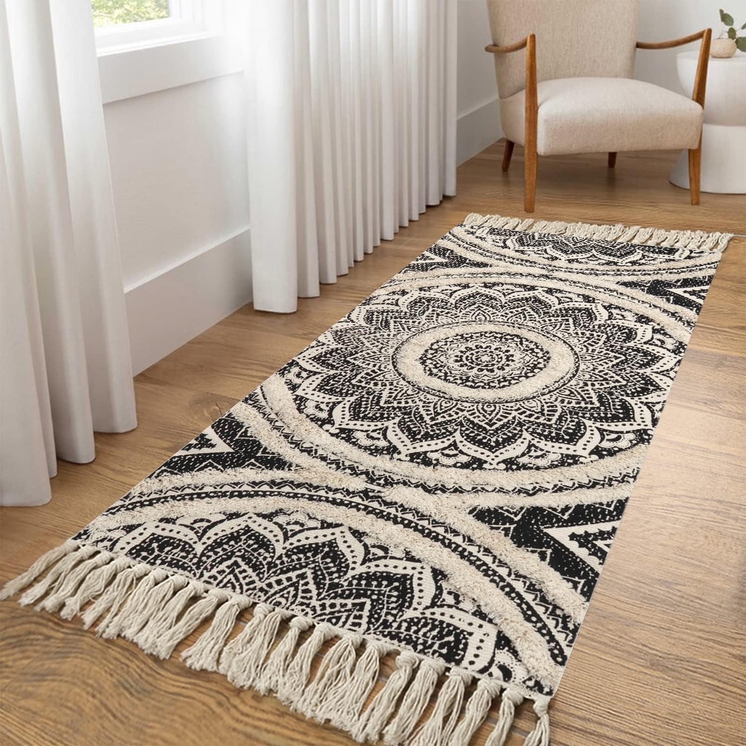 Photo 1 of LEEVAN Boho Runner Rug 2x4 ft Tufted Washable Bohemian Bathroom Rug Mandala Area Rug with Tassels Hand Woven Farmhouse Kitchen Sink Rug Indoor Floor Carpet for Bedroom/Hallway,Black and Cream