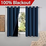 Flamingo P Full Blackout Navy Curtains Faux Silk Satin with Black Liner Thermal Insulated Window Treatment Panels, Grommet Top (52 x 63 Inch, Set of 2)