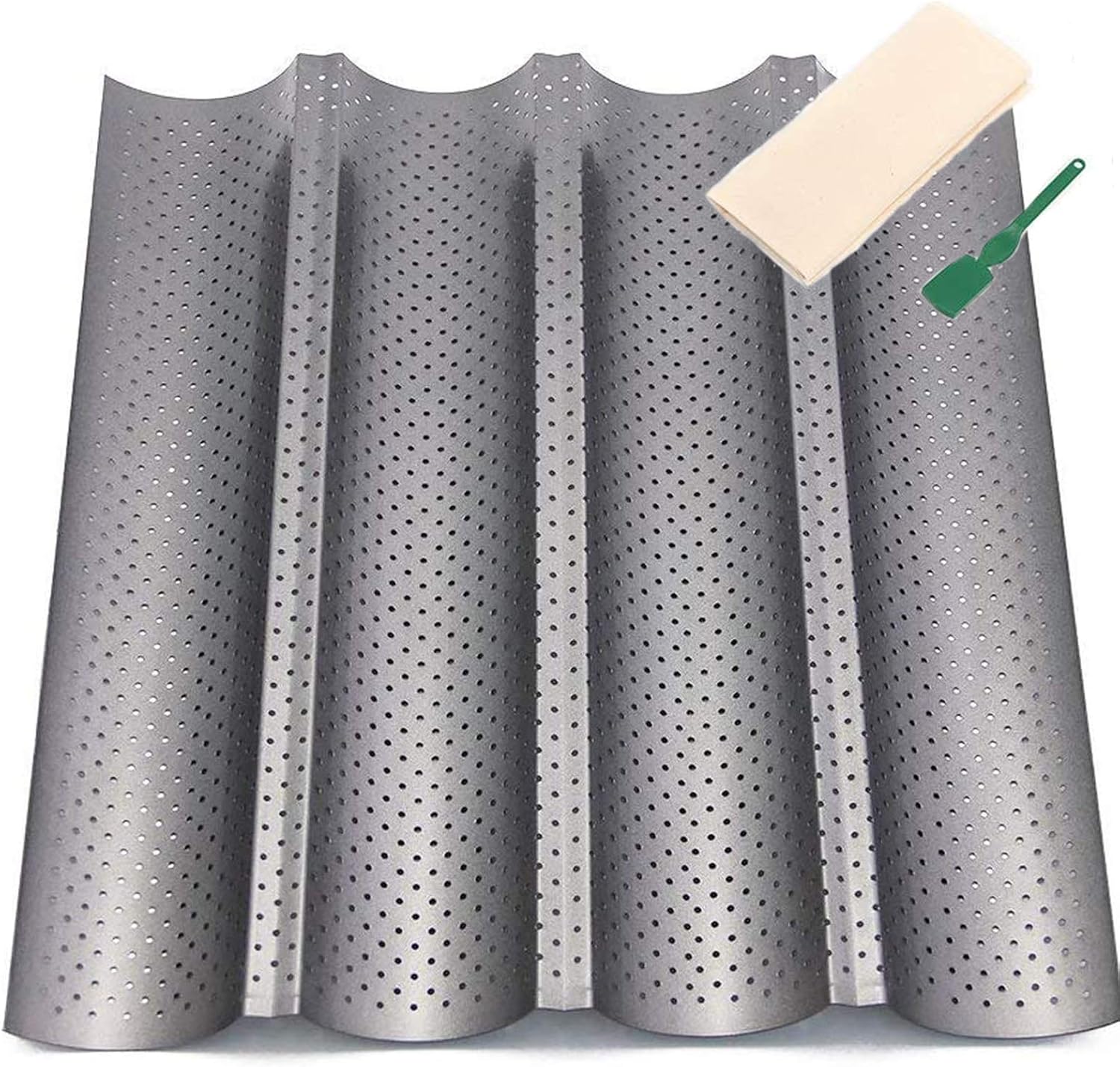 RAIN QUEEN Baguette Backform, Baguetteblech, 4 Baguette, Baguette-Backblech für Backen Französisches Antihaft Baguette-Backblech Gebäckschutztuch Leinentuch Brotschneider (Set 3)