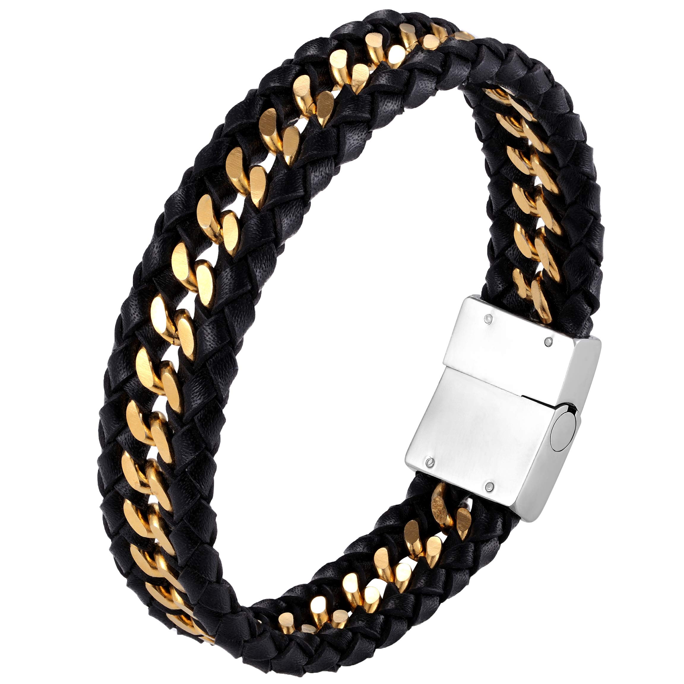 Urban Jewelry Stylish Modern Men's Braided Rope Bracelet with Gourmet Chain Design in Black and Polished Gold Color from Stainless Steel and Genuine Leather