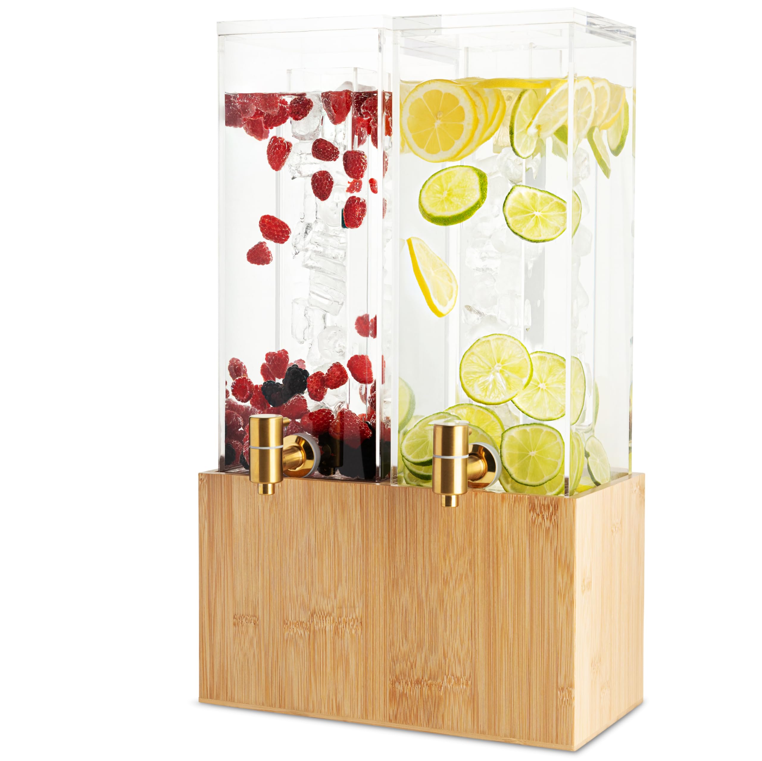 Photo 1 of 1.25 Gallon Dual Acrylic Beverage Dispenser with Bamboo Stand – Iced Drink Dispenser with Stainless Steel Spigot & Built-in Ice Core