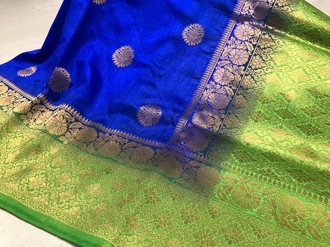 Saree Selection Banarasi Muslin Linen Royal Blue Saree With Zari Work and Contrast Border Work
