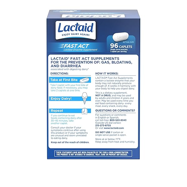 LACTAID FAST ACT LACTOSE INTOLERANCE CAPLETS WITH LACTASE ENZYME, DAIRY RELIEF FROM GAS, BLOATING & DIARRHEA, 9000 FCC LACTOSE INTOLERANCE PILLS, 96 INDIVIDUAL TRAVEL ON-THE-GO PACKS (96 X 1 CT)