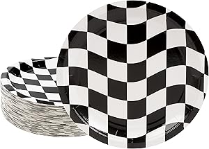 Disposable Plates - 80-Count Paper Plates, Car Racing Party Supplies for Appetizer, Lunch, Dinner, and Dessert, Birthdays, Checkered Flag Design, 9 x 9 inches