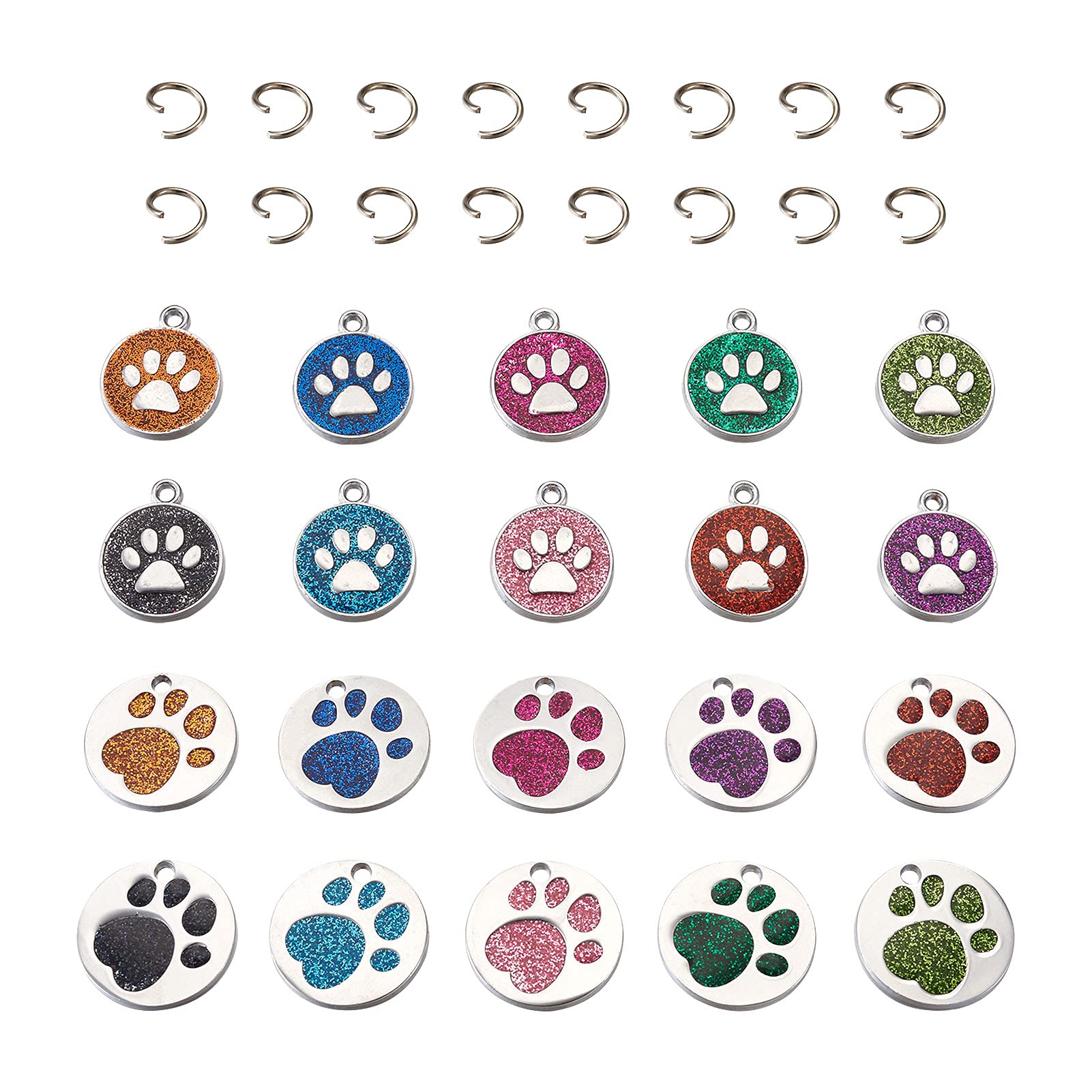 Craftdady 40pcs Enamel Animal Dog Paw Prints Chunk Charms 10 Color Glitter Powder Puppy Kitten Footprint Flat Round Pendants for DIY Jewelry Making Key Chain Decor