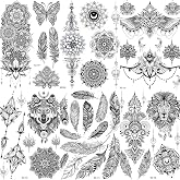 COKTAK 6 Pieces/Lot Unique Black Henna Temporary Tattoo Stickers For Adults Women Girls Feather Mandala Flower Body Art Large Big Arm Tattoos Sheet Lace Indian Mehndi Sexy Wedding Tatoos OWL
