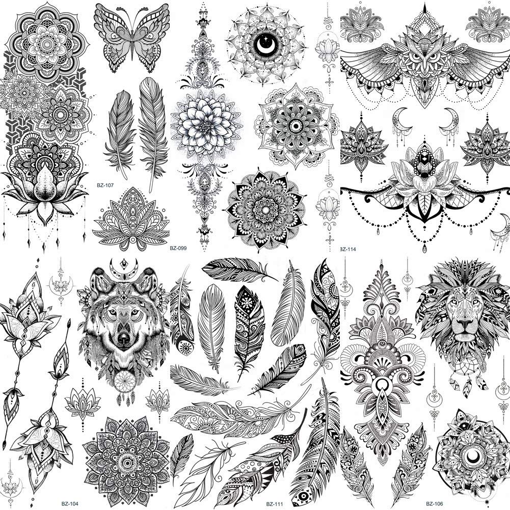 COKTAK 6 Pieces/Lot Unique Black Temporary Tattoo Stickers For Adults Women Girls Feather Mandala Flower Body Art Large Big Arm Tattoos Sheet Lace Indian Bride Sexy Wedding Tatoos OWL