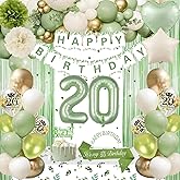 20th Birthday Decorations, Sage Green 20th Bday Decorations for Women Happy Birthday Banner Green Gold Balloons Crown Sash Fringe Curtain Tablecloth Cake Topper for Bday Decor